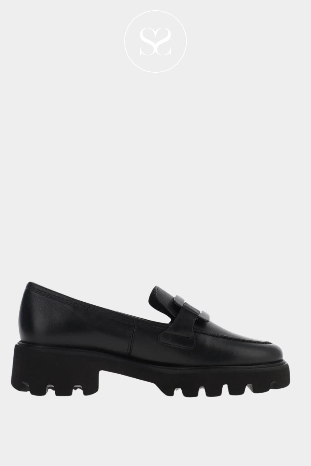 Chunky black leather loafers with arch support and black buckle