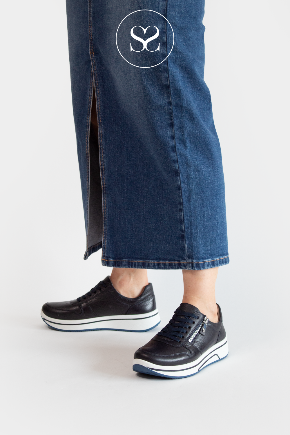 ARA 12-27540 NAVY LEATHER WEDGE TRAINERS