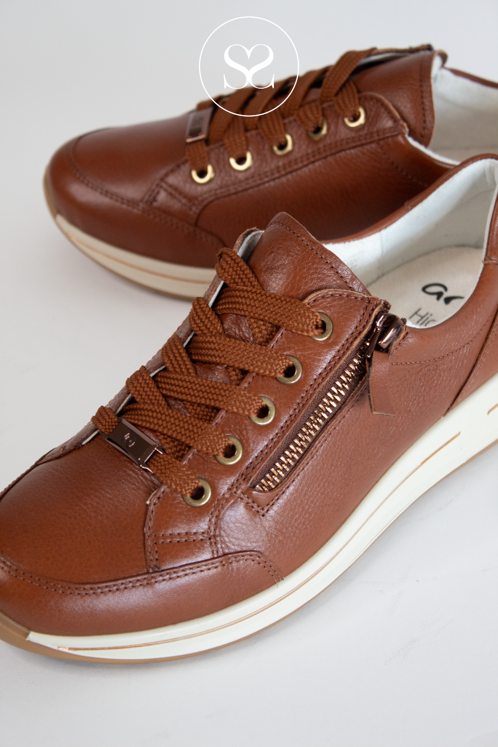 Brown leather ara shoes with wedge sole