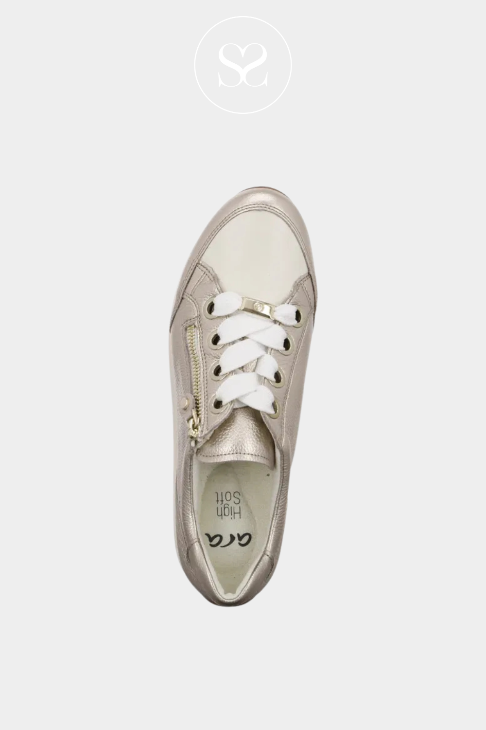 ARA 12-44587 GOLD/CREAM WEDGE TRAINERS WITH SIDE ZIP AND LACES.