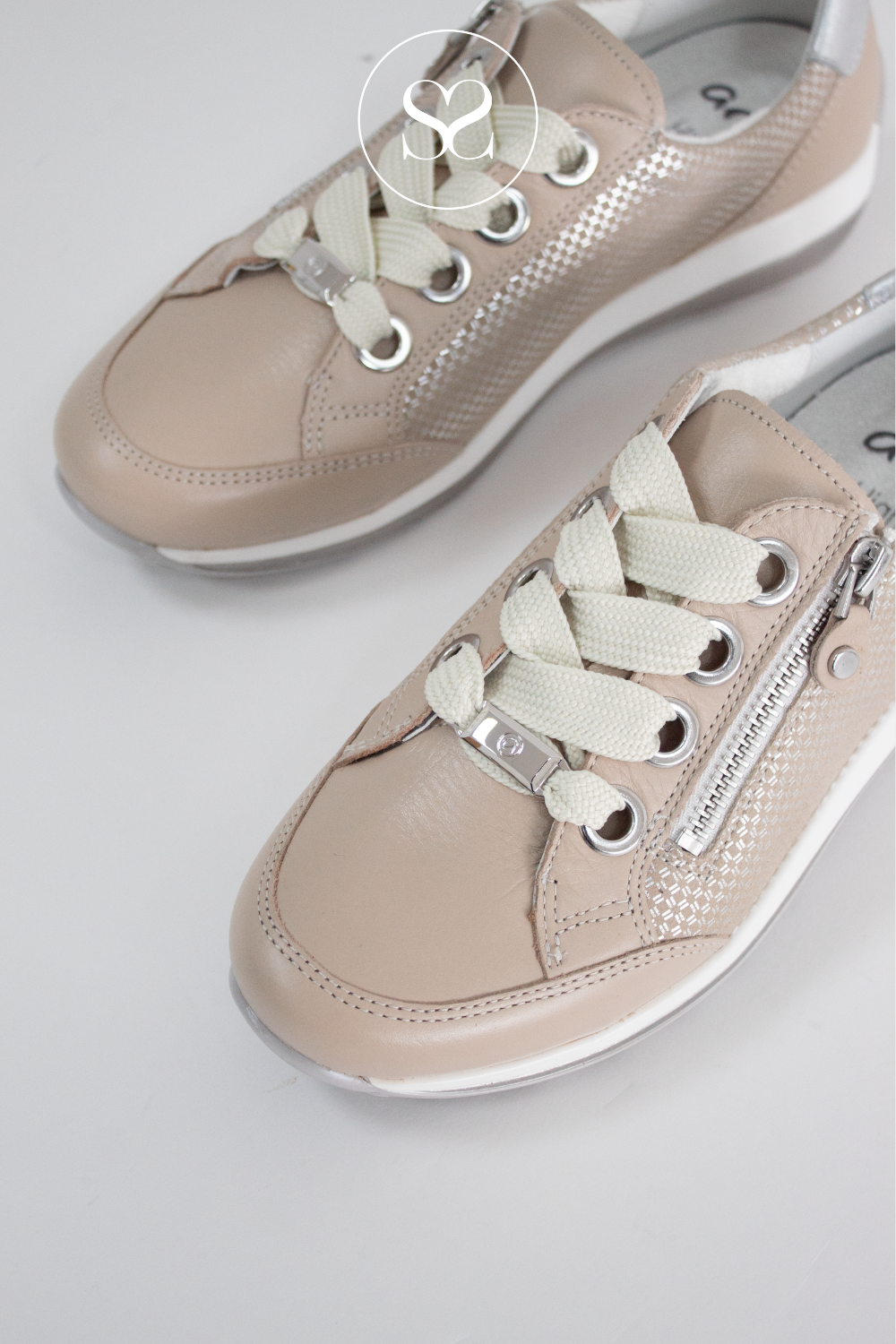 Ara 12-44587 neutral leather runners with laces and zip. Cushioned removable insole