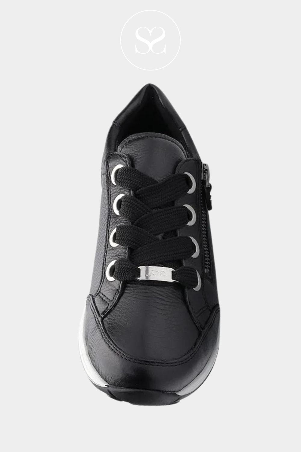 ARA 12-3487 BLACK LEATHER LACE UP TRAINER WITH WHITE WEDGE SOLE AND ZIP SIDE