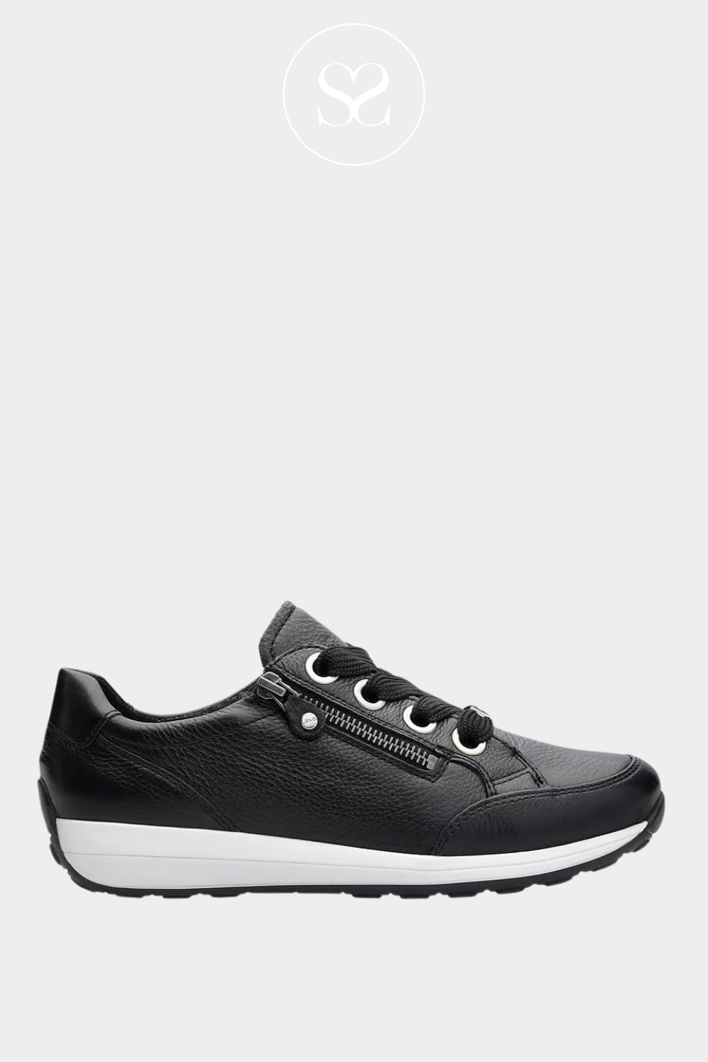 ARA 12-3487 BLACK LEATHER LACE UP TRAINER WITH WHITE WEDGE SOLE AND ZIP SIDE