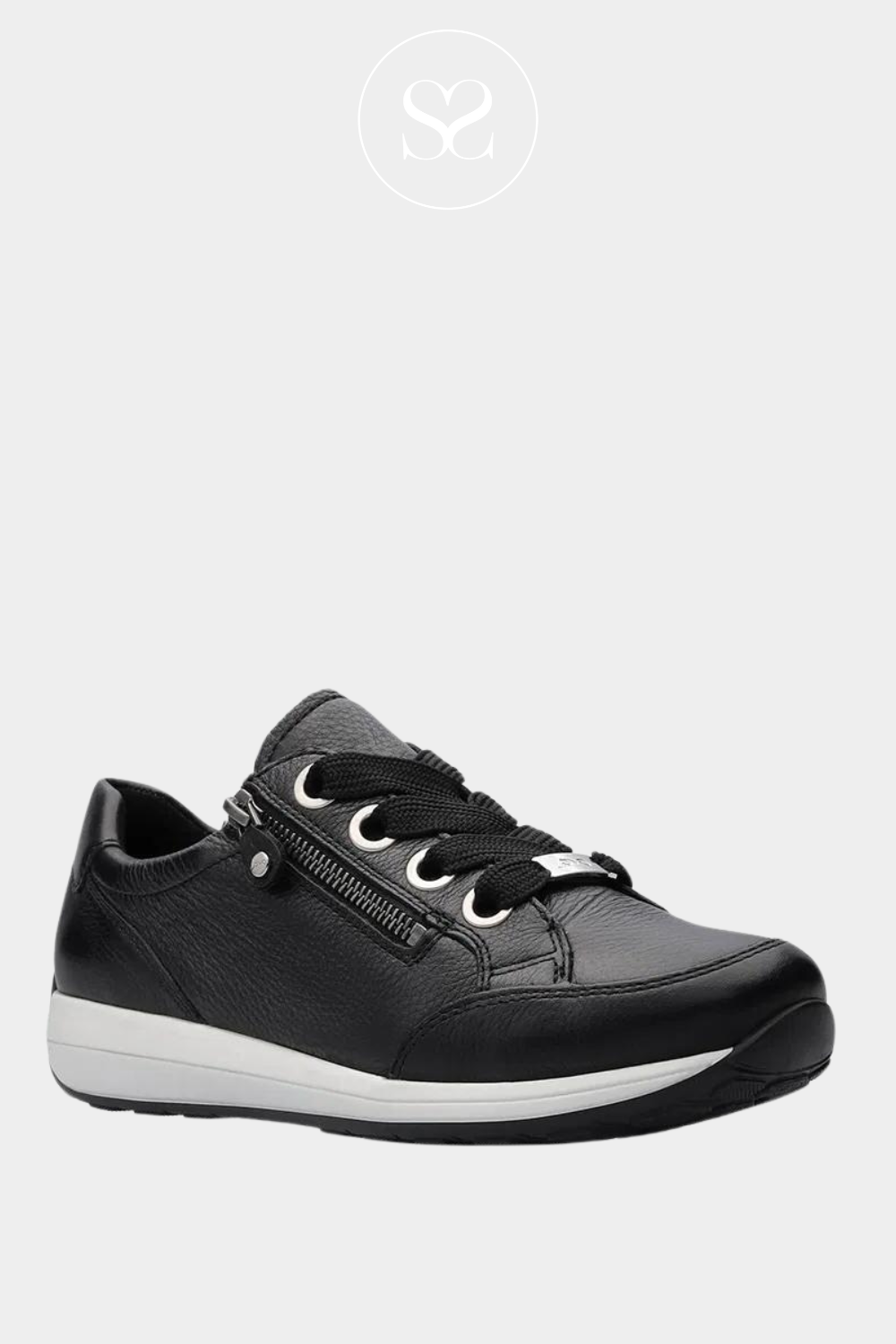 ARA 12-3487 BLACK LEATHER LACE UP TRAINER WITH WHITE WEDGE SOLE AND ZIP SIDE