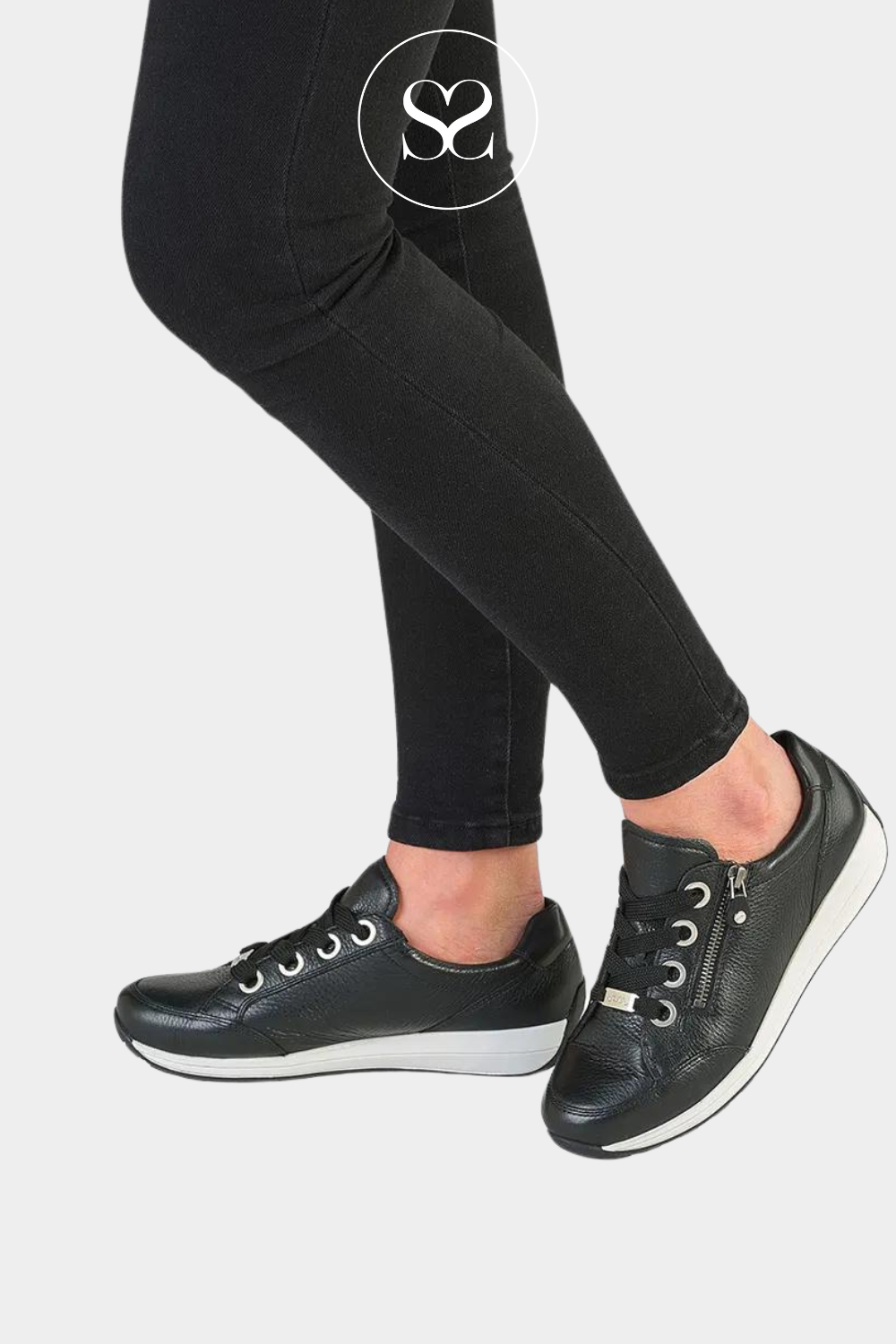 ARA 12-3487 BLACK LEATHER LACE UP TRAINER WITH WHITE WEDGE SOLE AND ZIP SIDE