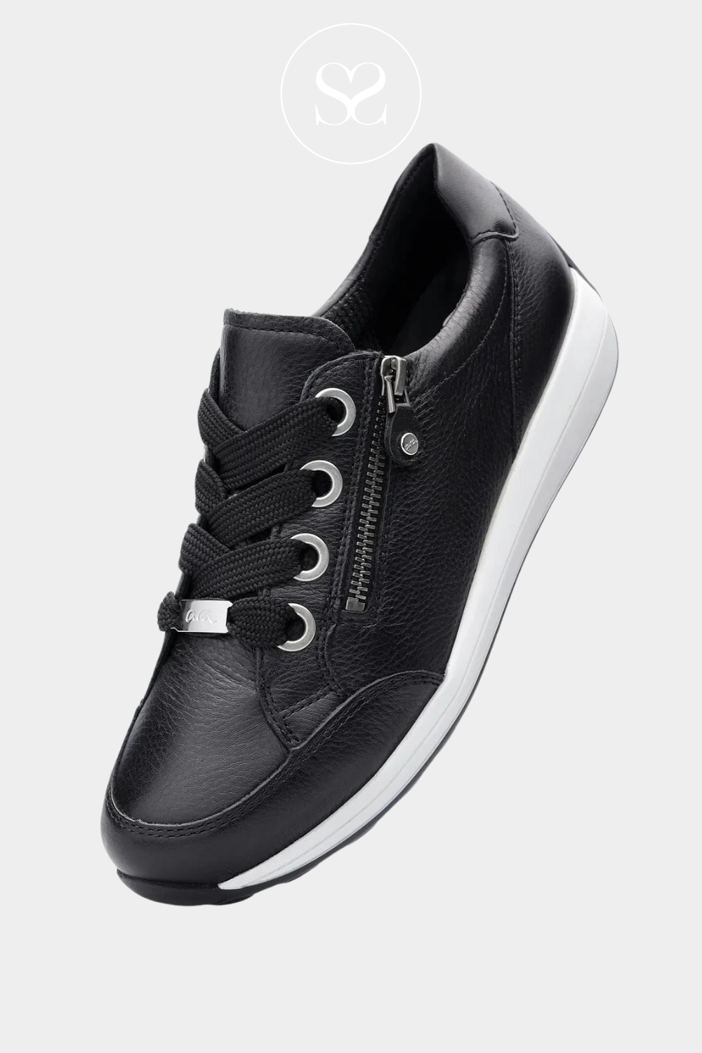 ARA 12-3487 BLACK LEATHER LACE UP TRAINER WITH WHITE WEDGE SOLE AND ZIP SIDE