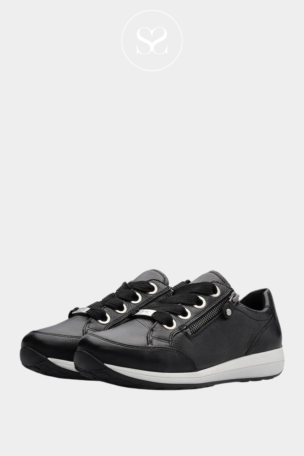 ARA 12-3487 BLACK LEATHER LACE UP TRAINER WITH WHITE WEDGE SOLE AND ZIP SIDE