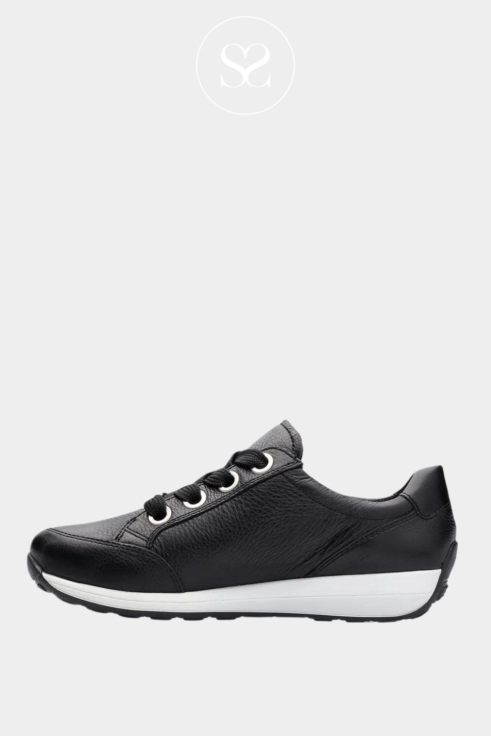 ARA 12-3487 BLACK LEATHER LACE UP TRAINER WITH WHITE WEDGE SOLE AND ZIP SIDE