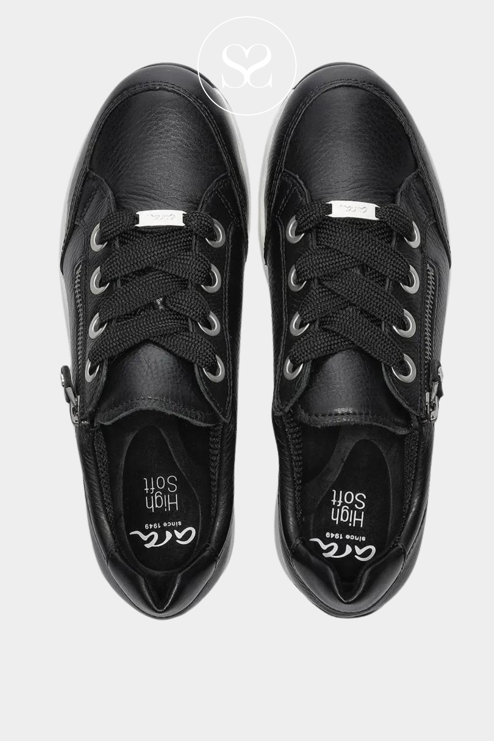 ARA 12-3487 BLACK LEATHER LACE UP TRAINER WITH WHITE WEDGE SOLE AND ZIP SIDE