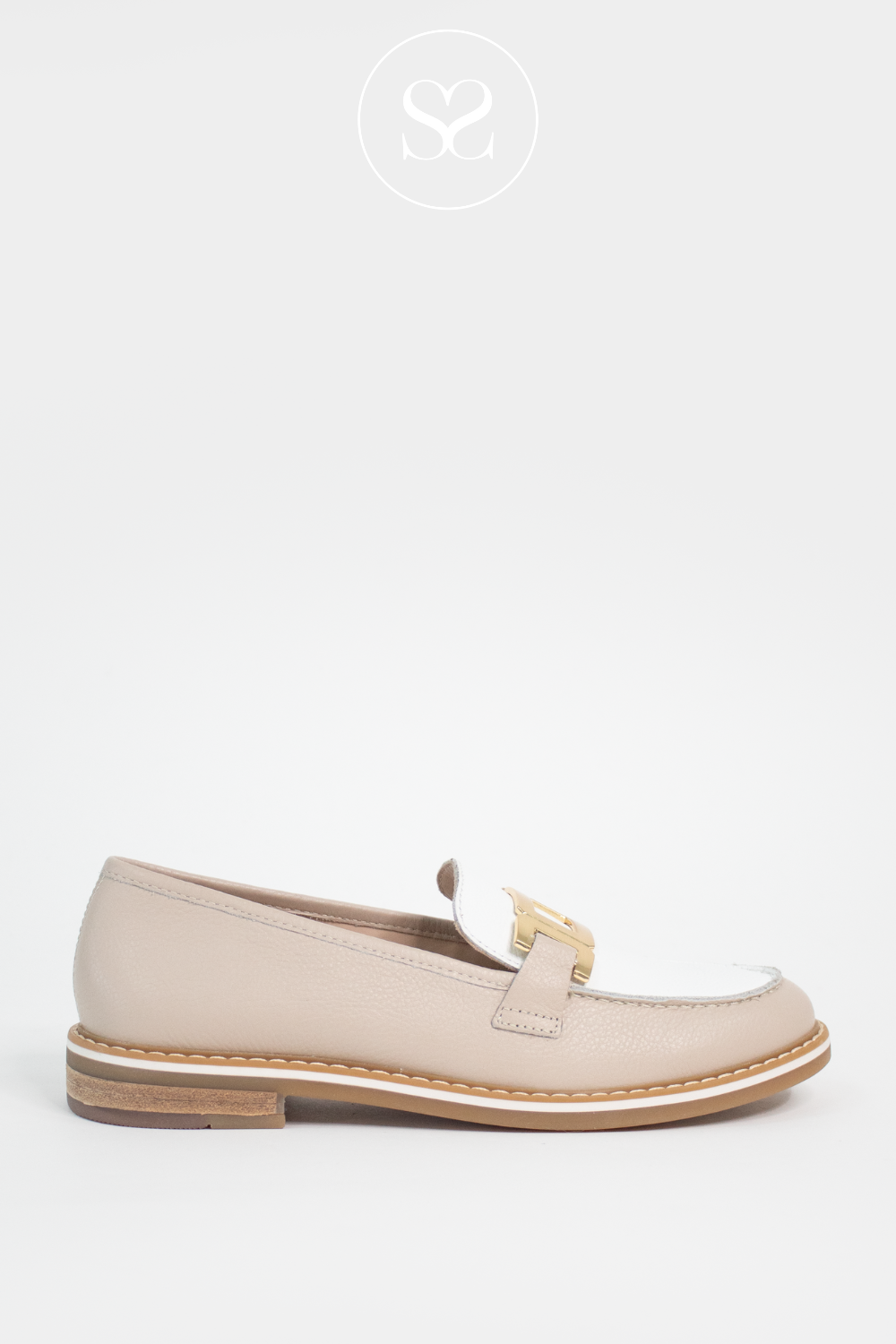 ARA 12-11252 NEUTRAL BEIGE FLAT LOAFERS WITH GOLD BUCKLE. COMFORTABLE FLAT SHOE SUITABLE FOR WORK