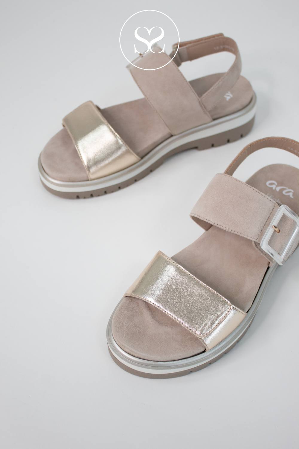 ARA 12-21003 GOLD BEIGE LOW WEDGE DOUBLE VELCRO STRAP WALKING SANDALS