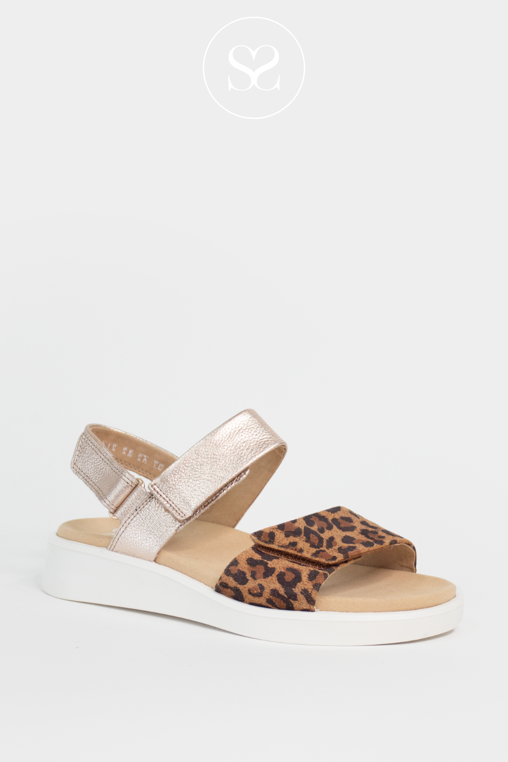 ARA 12-21401 LEOPARD AND GOLD LEATHER DOUBLE STRAP LOW WEDGE SANDALS WITH VELCRO STRAPS. WALKING SANDALS