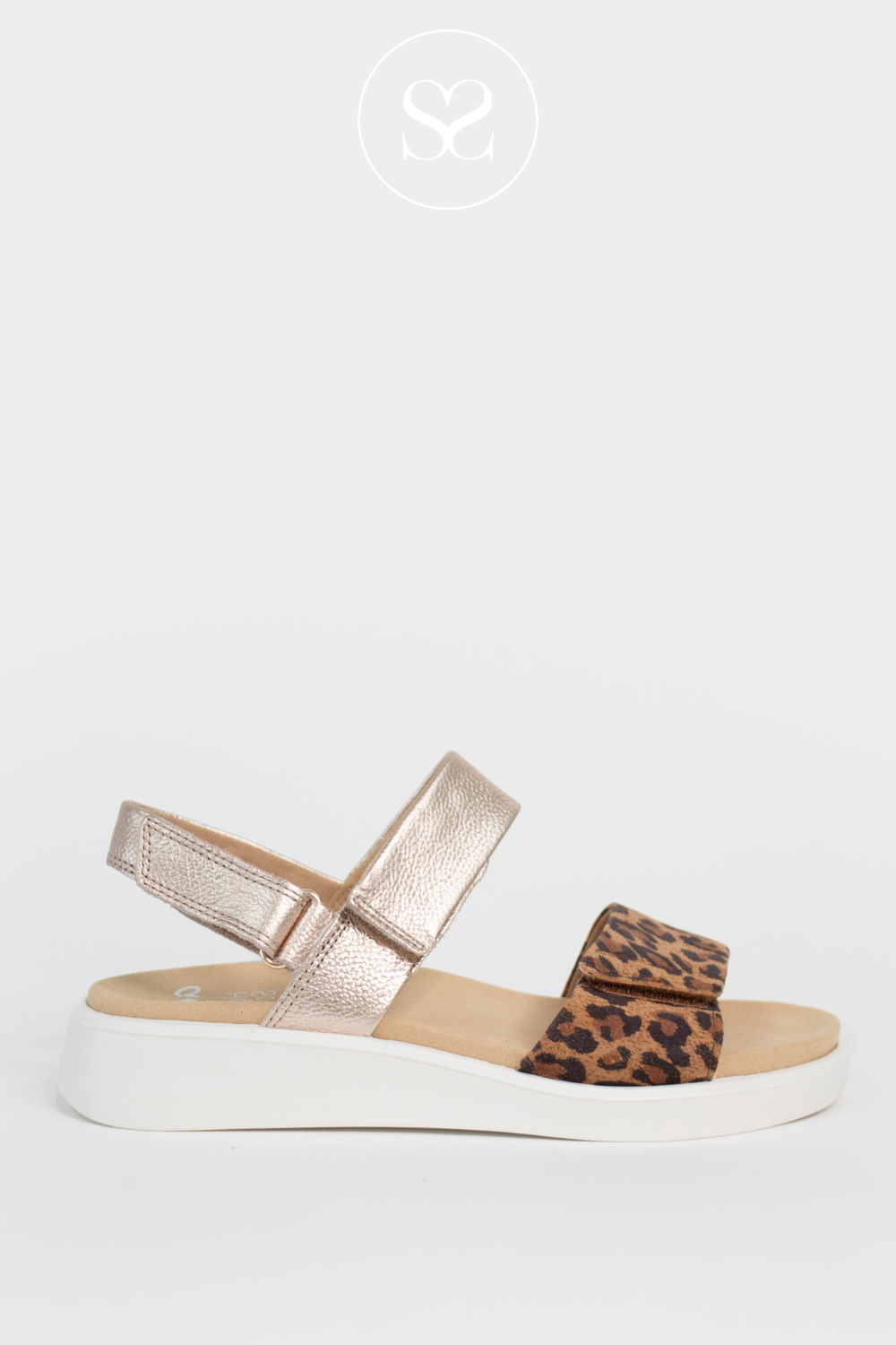 ARA 12-21401 LEOPARD AND GOLD LEATHER DOUBLE STRAP LOW WEDGE SANDALS WITH VELCRO STRAPS. WALKING SANDALS