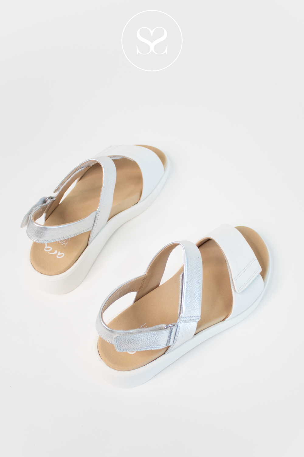 ARA 12-21401 WHITE AND SILVER WEDGE SUMMER WALKING SANDALS WITH VELCRO ANKLE STRAP