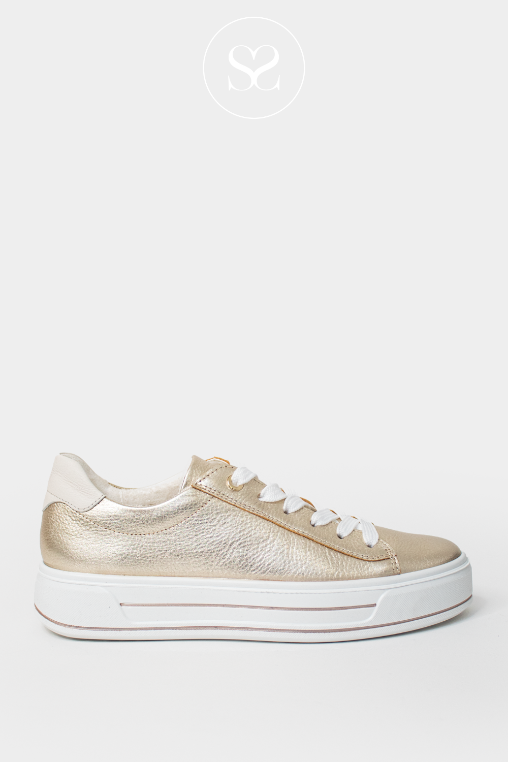 ARA 12-23002 GOLD LEATHER NEAT FLATFORM TRAINERS WITH WHITE SOLE AND LACES