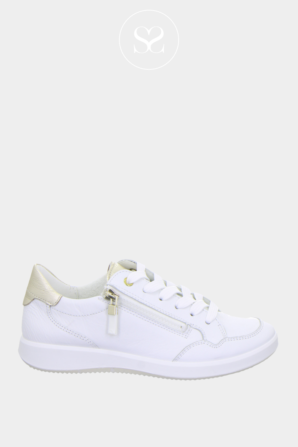 ARA 12-23901-04 WHITE LEATHER TRAINERS WITH GOLD HEEL CAP, LACES AND SIDE ZIP