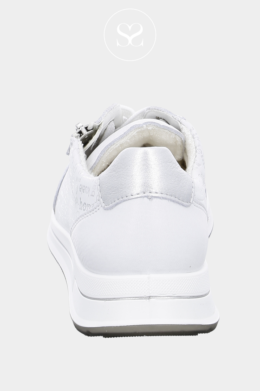 ARA 12-24801-09 WHITE LEATHER TRAINERS WITH SILVER BRANDING, LACES AND SIDE ZIP