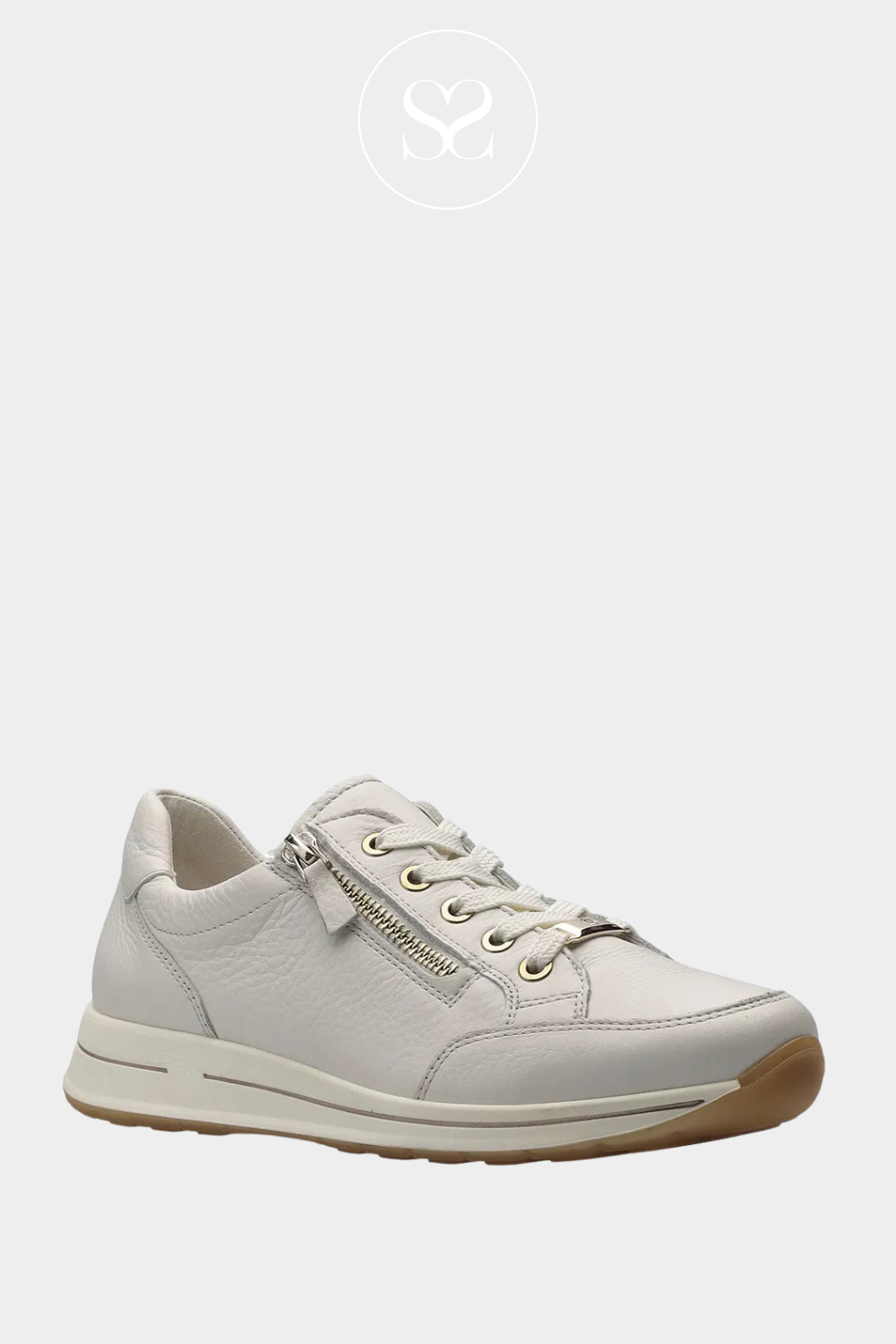ARA 12-24801 CREAM LEATHER WALKING TRAINERS WITH LACES AND SIDE ZIP
