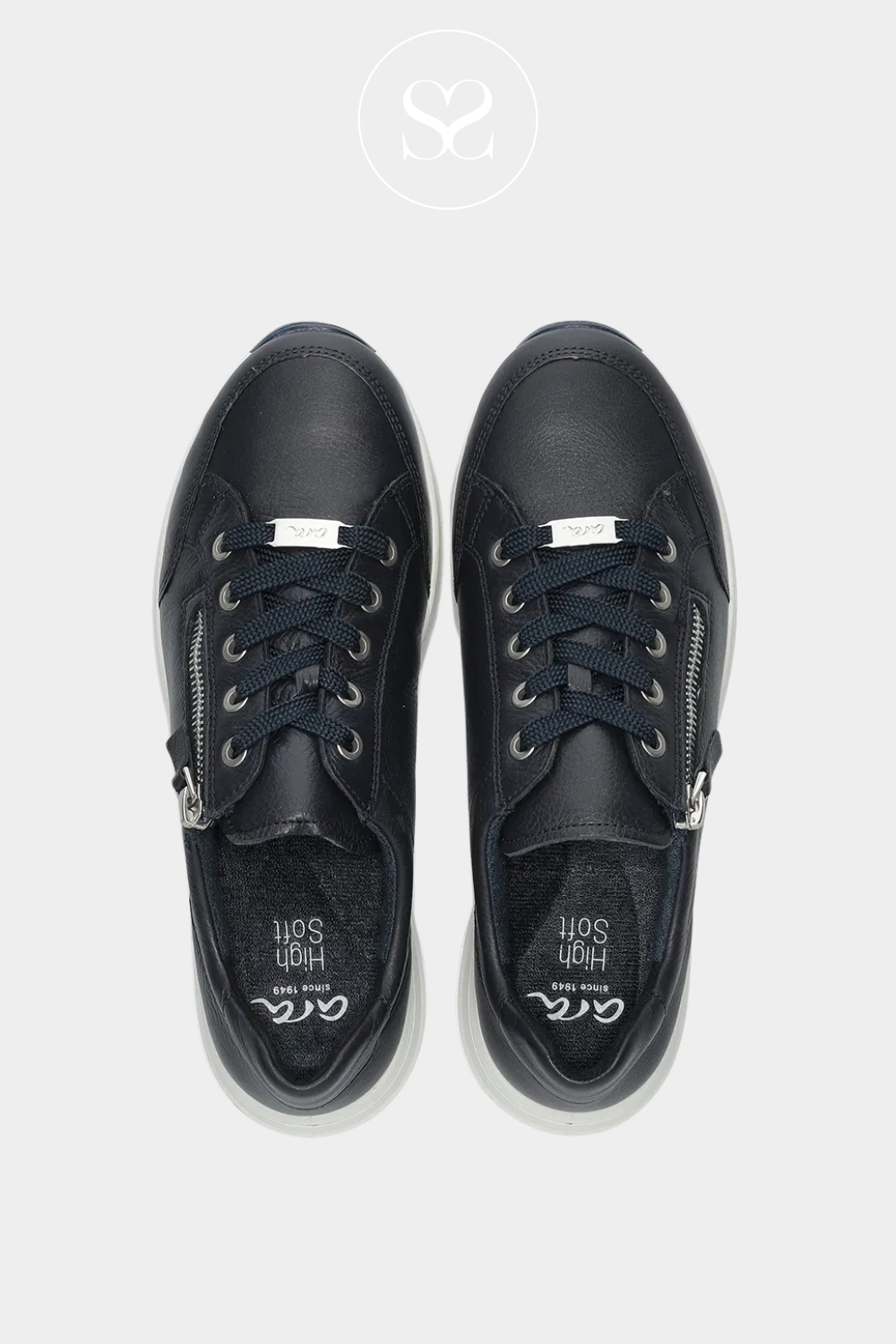 ARA 12-24801 SOFT LEATHER NAVY SNEAKERS WITH WHITE SOLES AND REMOVABLE CUSHIONED INSOLES
