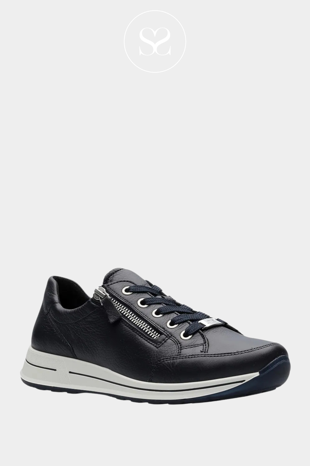 ARA 12-24801 NAVY LEATHER TRAINERS WITH LACES AND SIDE ZIP