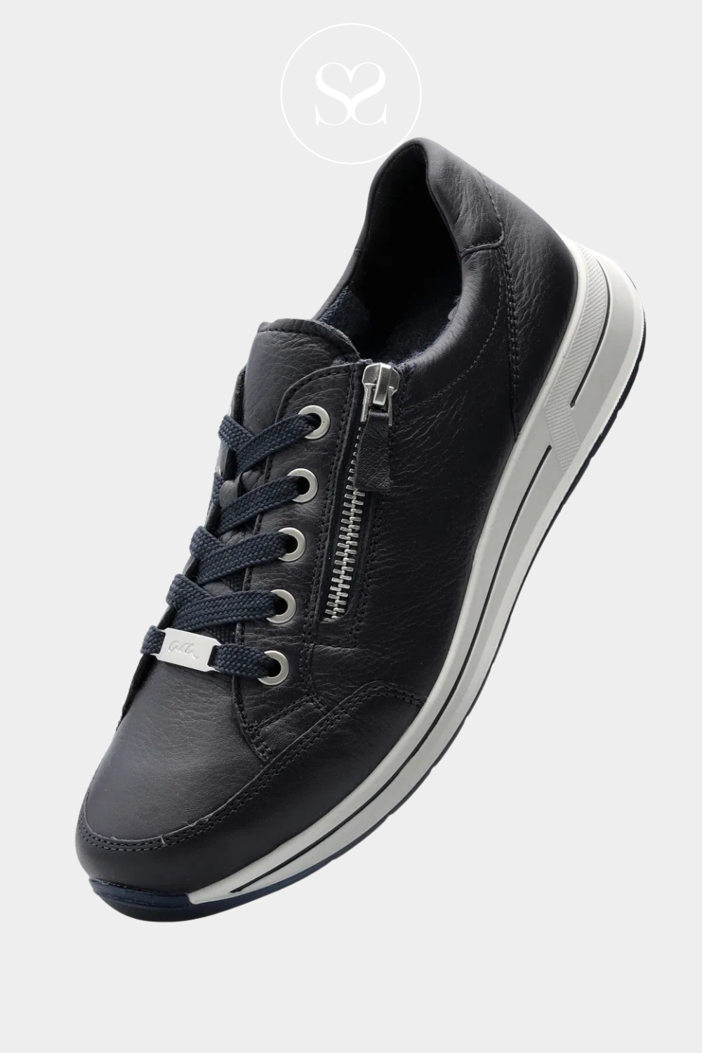 ARA 12-24801 SOFT LEATHER NAVY SNEAKERS WITH WHITE SOLES AND REMOVABLE CUSHIONED INSOLES
