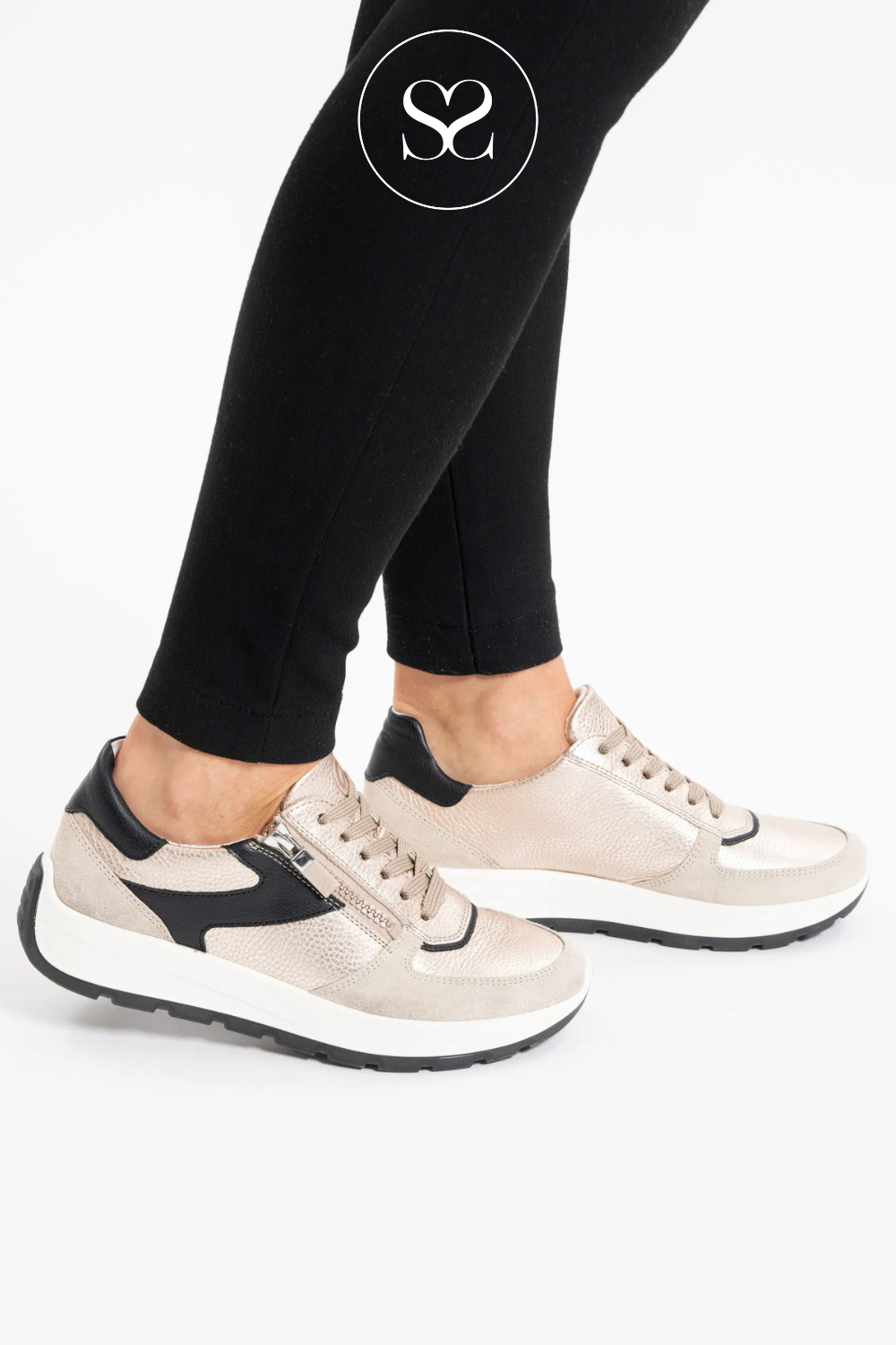ARA 12-25112 GOLD AND BLACK LEATHER SNEAKERS WITH LACES AND SIDE ZIP. COMFORTABLE WALKING SHOES