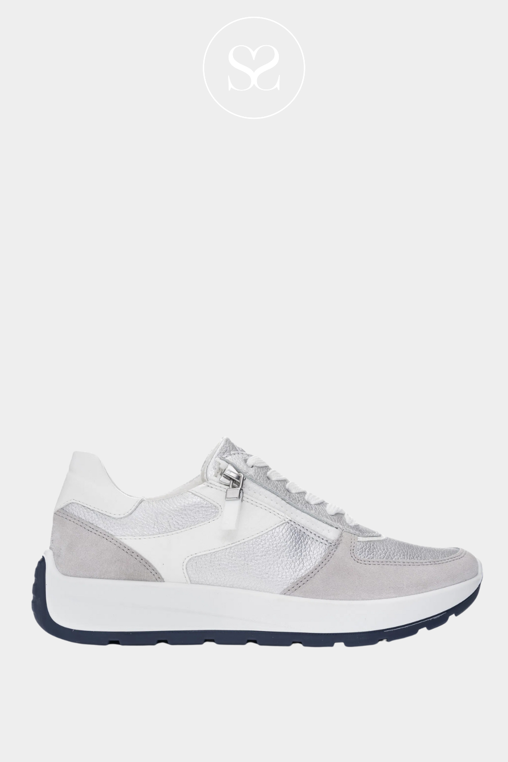 ARA 12-25112 GREY AND WHITE LEATHER COMFORTABLE TRAINERS WITH ARCH SUPPORT AND REMOVABLE INSOLE