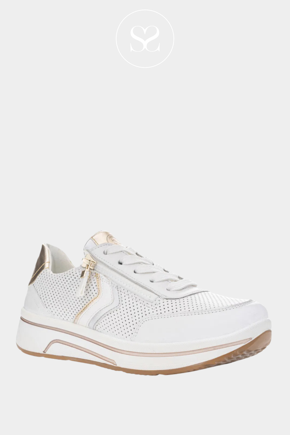 Ara neutral trainers. White and metallic silver and gold . Laces, side zip, round toe , arch support removable insole, wedge sneaker