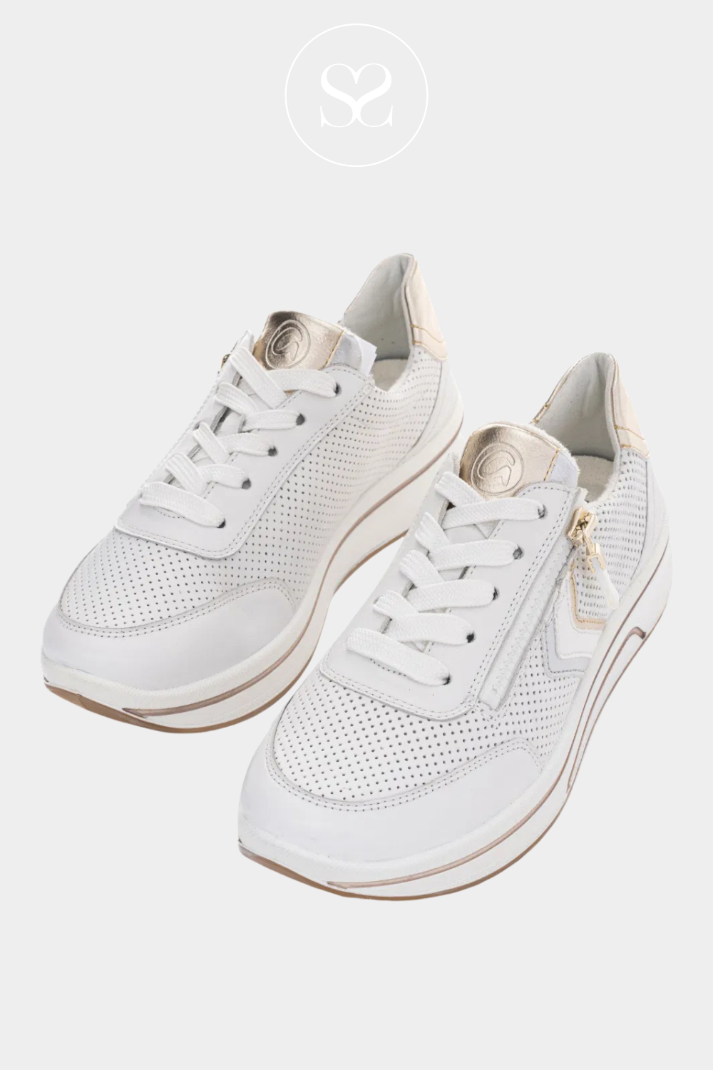 ARA 12-27550 white wedge trainers with gold and silver accents. Laces and side zip for easy access. Round toe, wider fit, cushioned arch support removable insole