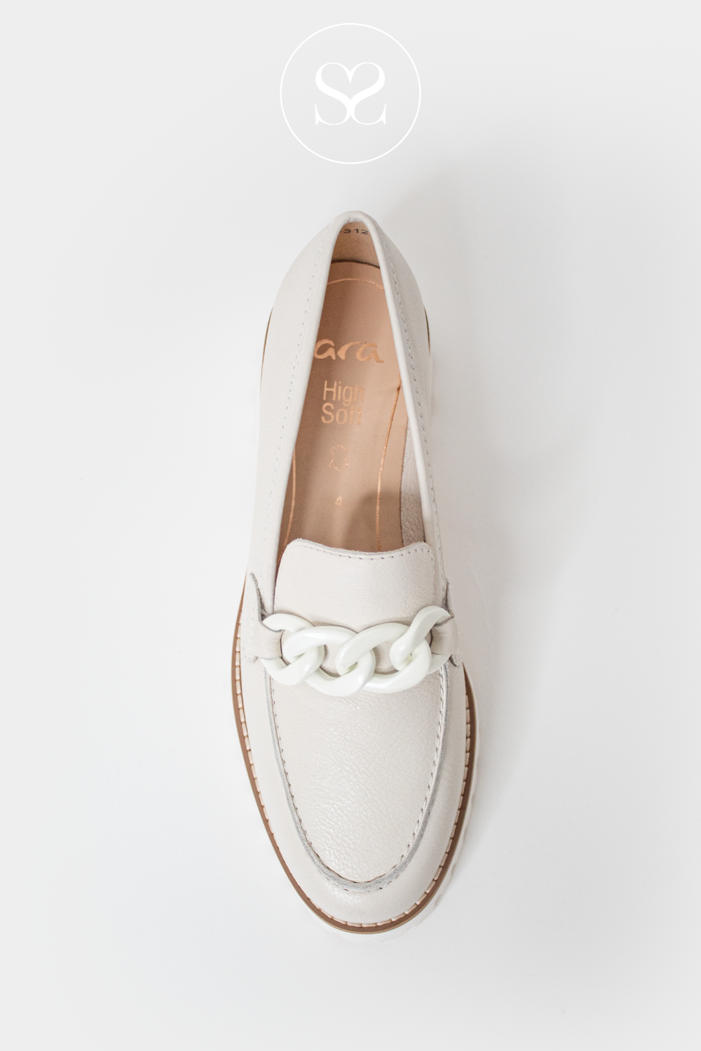 ARA 12-31209 IVORY CHUNKY LOAFERS WITH CHAIN DETAIL AND TEETH SOLE. SLIP ON STYLE