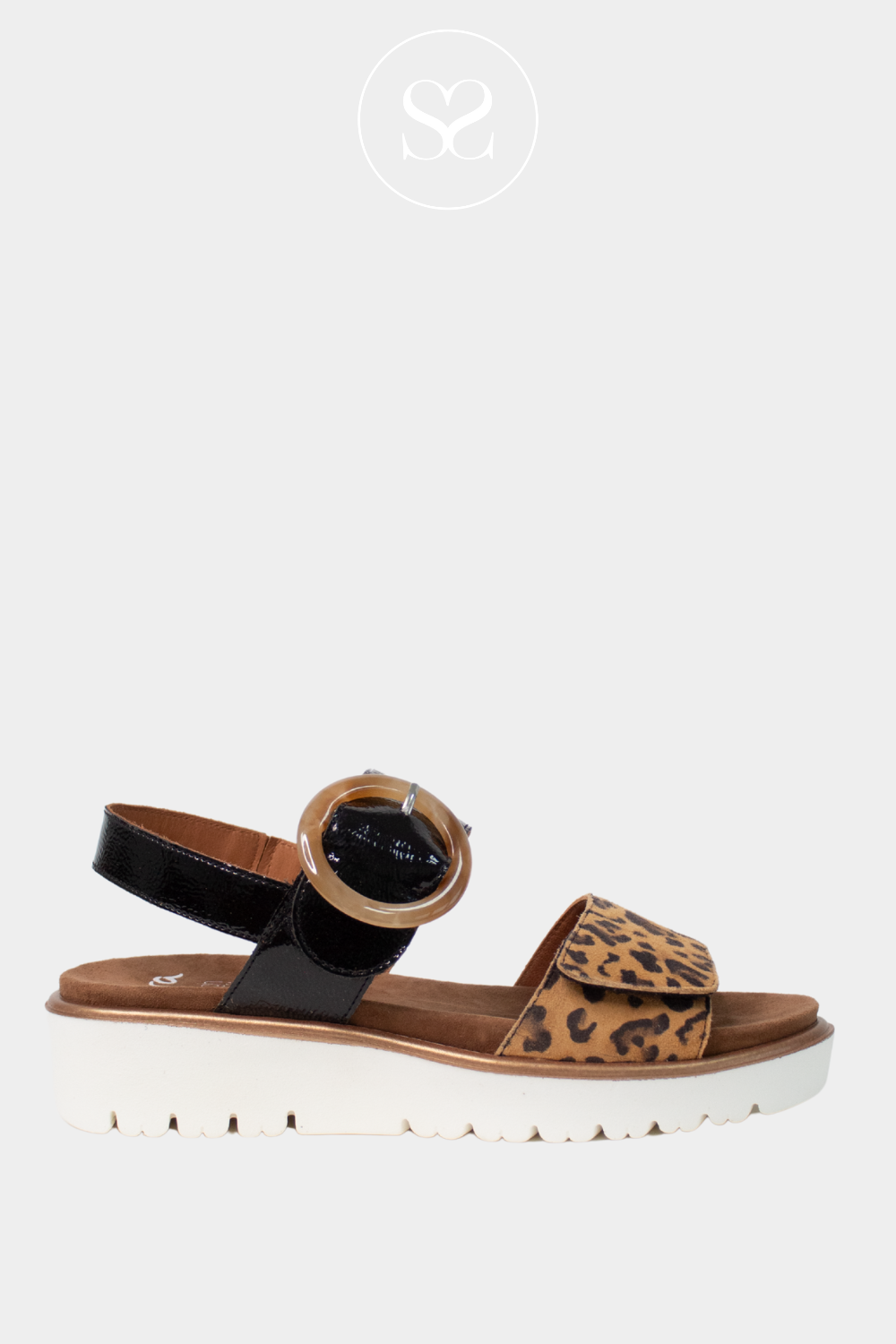 ARA 12-33505 BLACK AND LEOPARD WALKING SANDALS WITH ADJUSTABLE ANKLE STRAP AND SLIGHT WEDGE ELEVATION