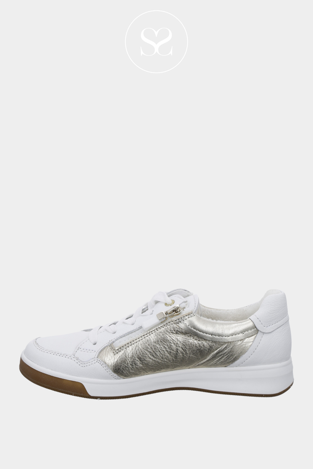 ARA 12-34423-04 WHITE FLAT SOFT LEATHER TRAINERS WITH GOLD PANEL AND SIDE ZIP