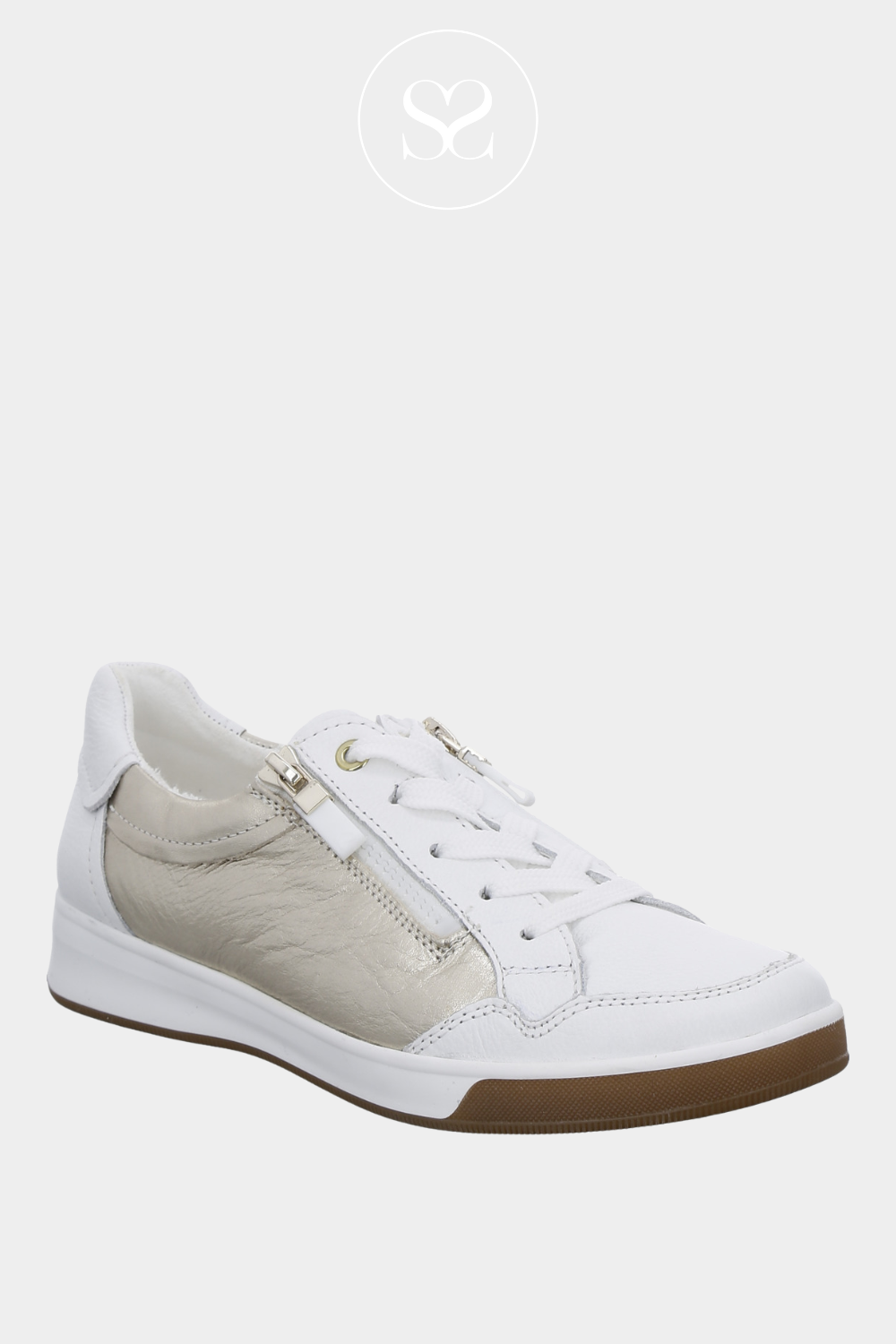 ARA 12-34423-04 WHITE FLAT SOFT LEATHER TRAINERS WITH GOLD PANEL AND SIDE ZIP