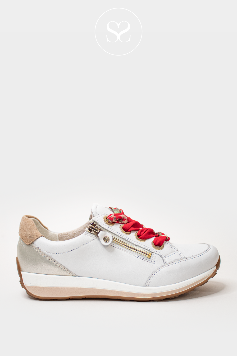 ARA 12_34587_79 WHITE LEATHER TRAINERS WITH SILVER HEEL, LACES AND SIDE ZIP. HAS AN INTERCHANGEABLE RED FLORAL LACE