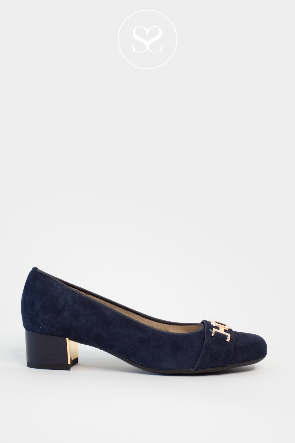 ARA 12-35382 NAVY SUEDE BLOCK HEEL SHOE WITH GOLD BUCKLE AND ROUND TOE