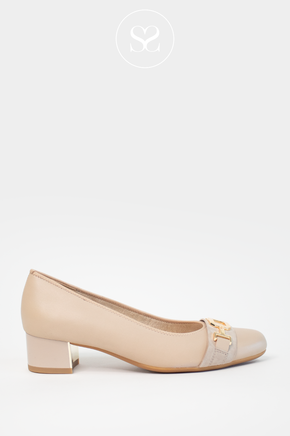ARA 12-35382 NUDE LOW HEEL ROUND TOE SHOE WITH GOLD BUCKLE