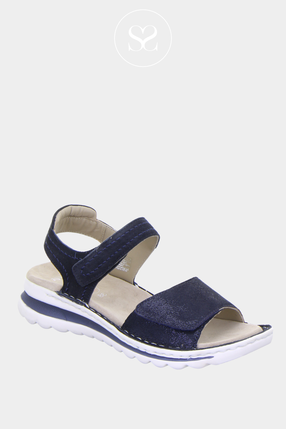 ARA 12-47207 NAVY LEATHER COMFORTABLE WALKING SANDALS WITH SLIGHT WEDGE ELEVATION AND VELCRO STRAPS