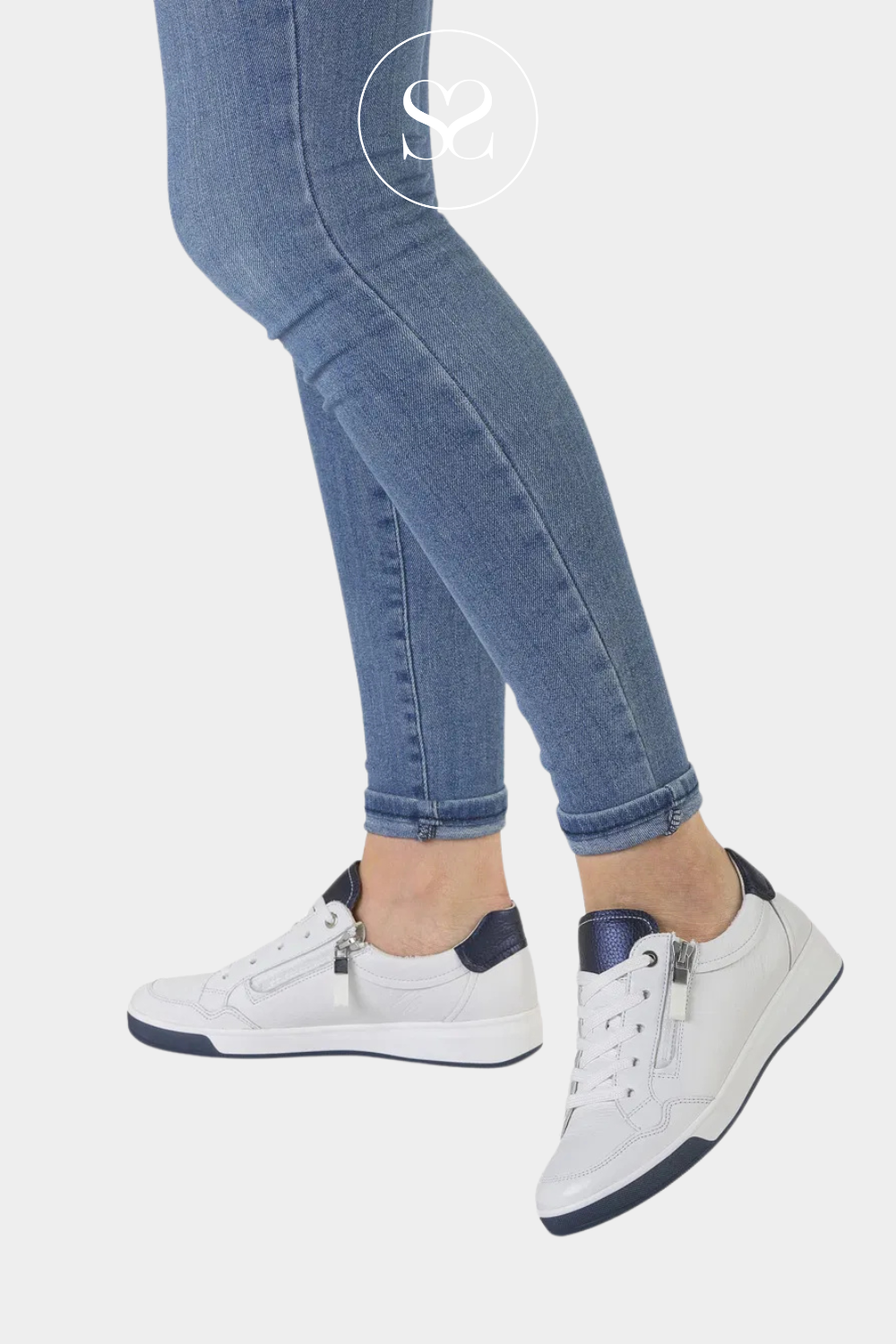 ARA 12-50006 WHITE AND NAVY COMFORTABLE SNEAKERS WITH LACES AND SIDE ZIP FOR EASY SLIP ON
