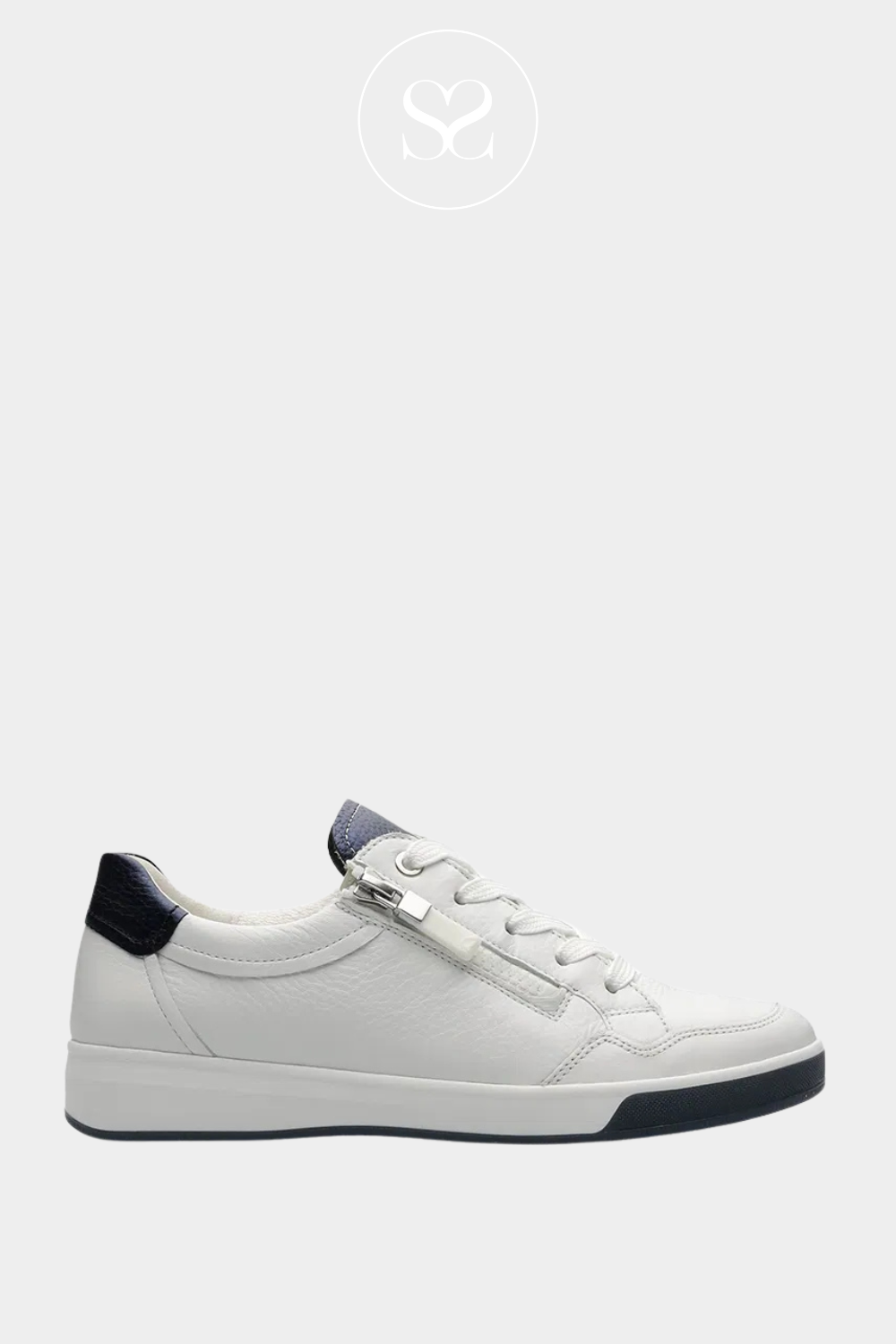 ARA 12-50006 WHITE AND NAVY LEATHER WALKING TRAINERS WITH CUSHIONED REMOVABLE INSOLES
