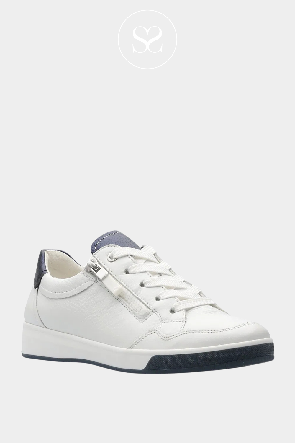 ARA 12-50006 WHITE AND NAVY SOFT LEATHER RUNNERS WITH FLEXIBLE SOLE

