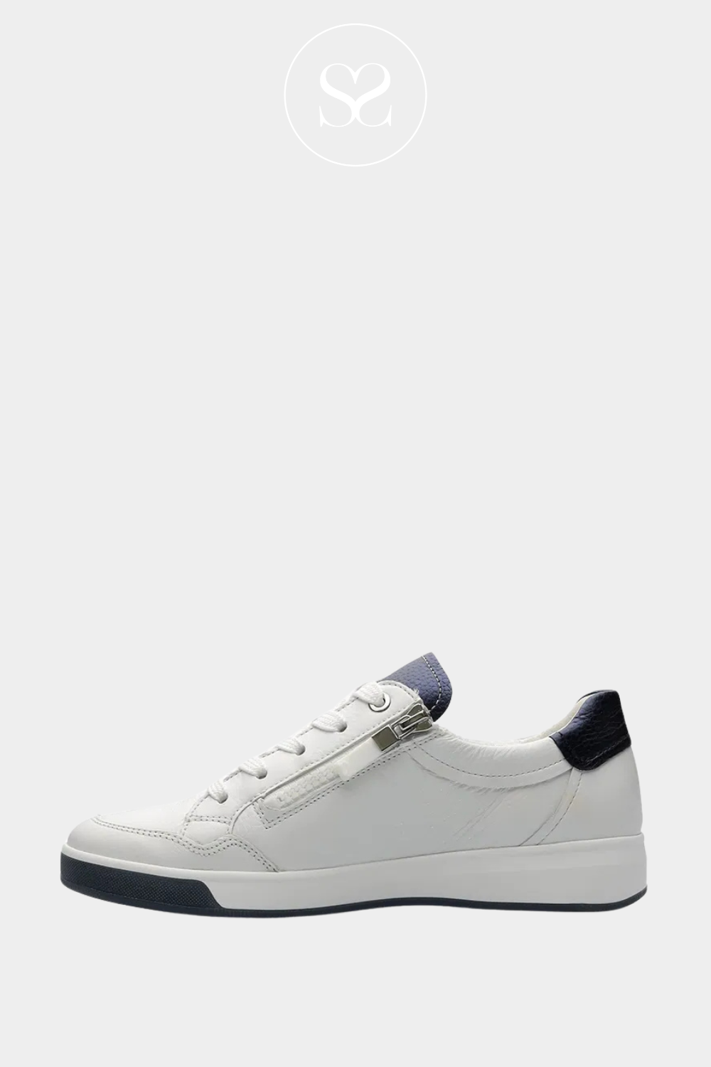 ARA 12-50006 WHITE AND NAVY COMFORTABLE SNEAKERS WITH LACES AND SIDE ZIP FOR EASY SLIP ON