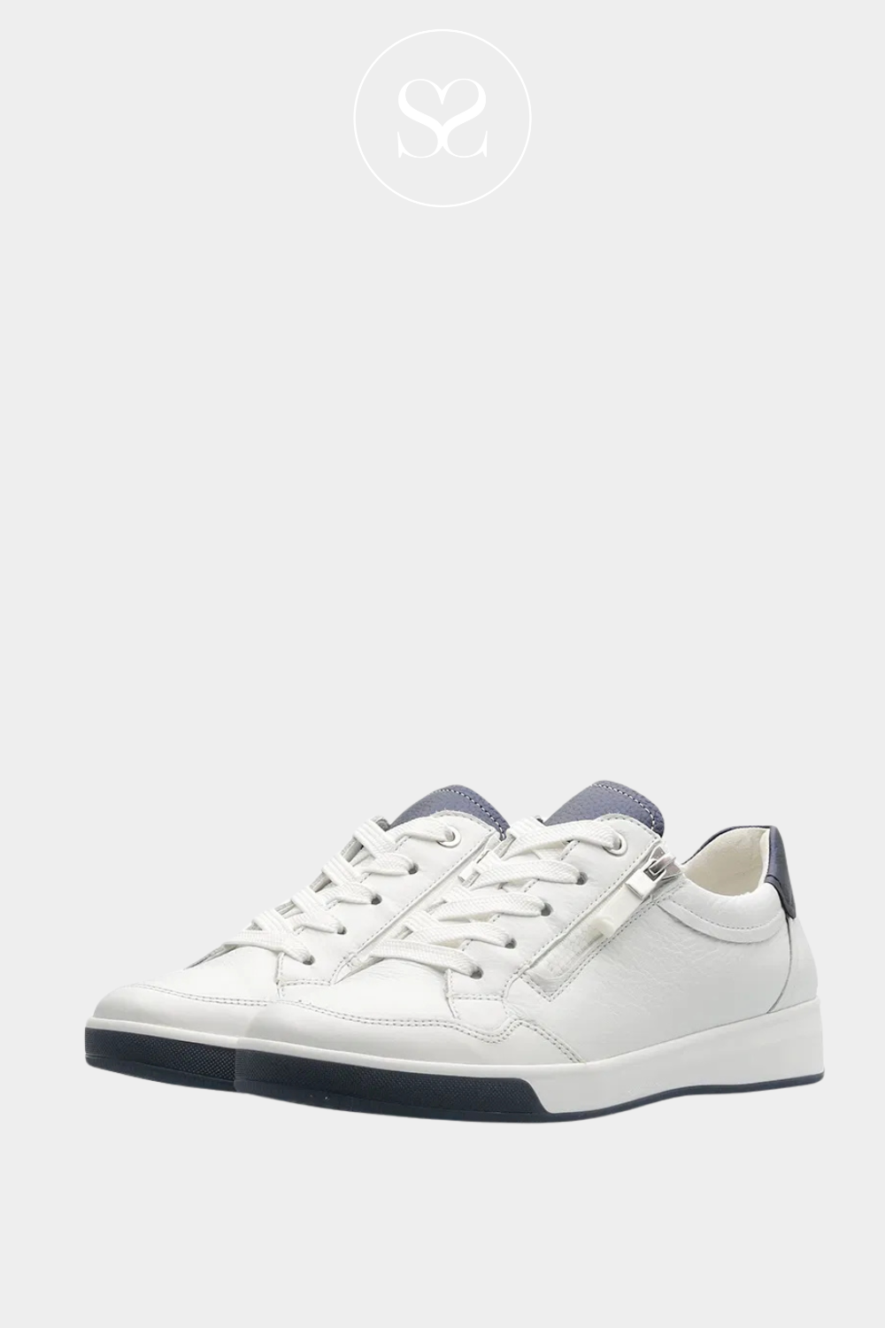 ARA 12-50006 WHITE AND NAVY LEATHER WALKING TRAINERS WITH CUSHIONED REMOVABLE INSOLES