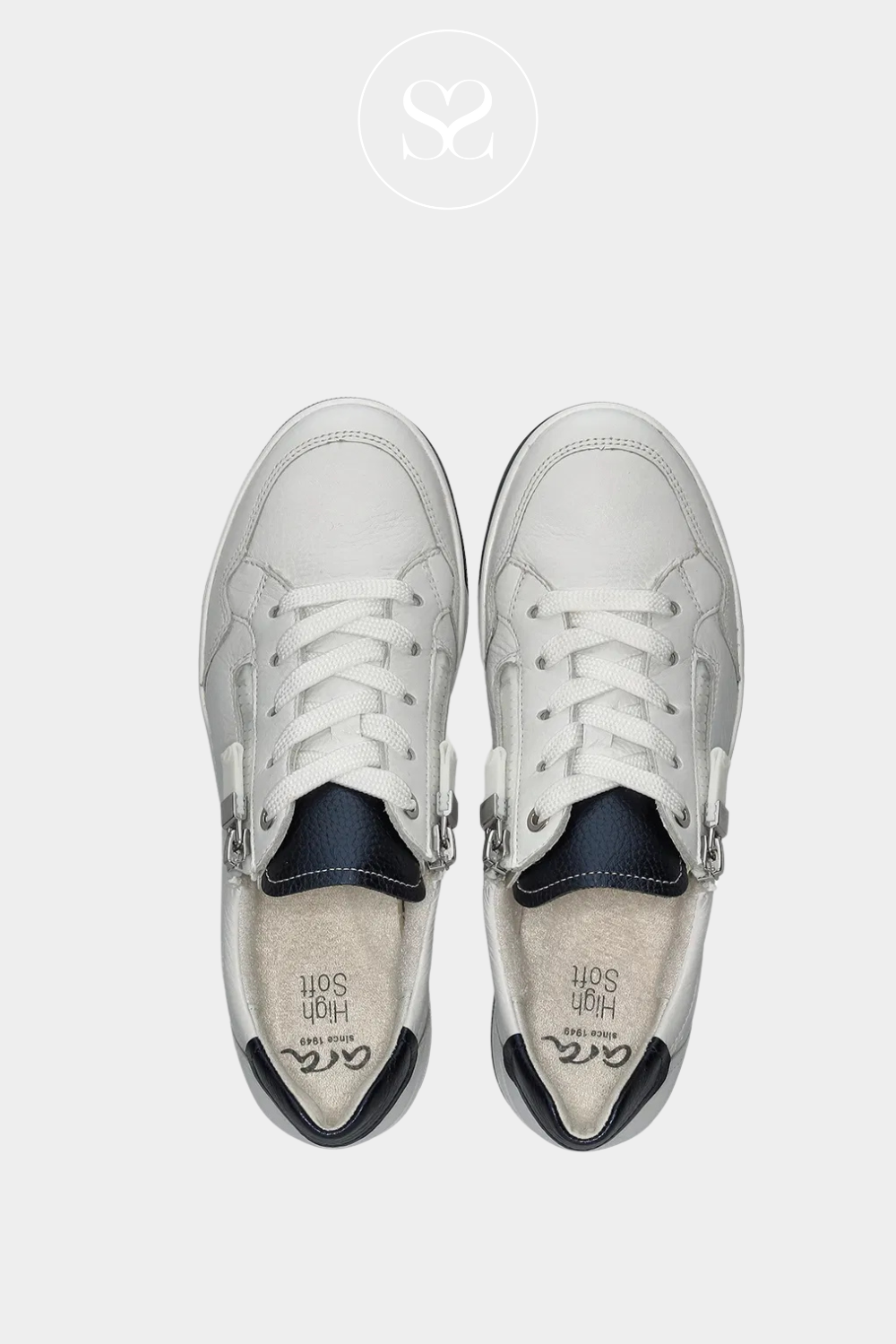 ARA 12-50006 WHITE AND NAVY LEATHER WALKING TRAINERS WITH CUSHIONED REMOVABLE INSOLES
