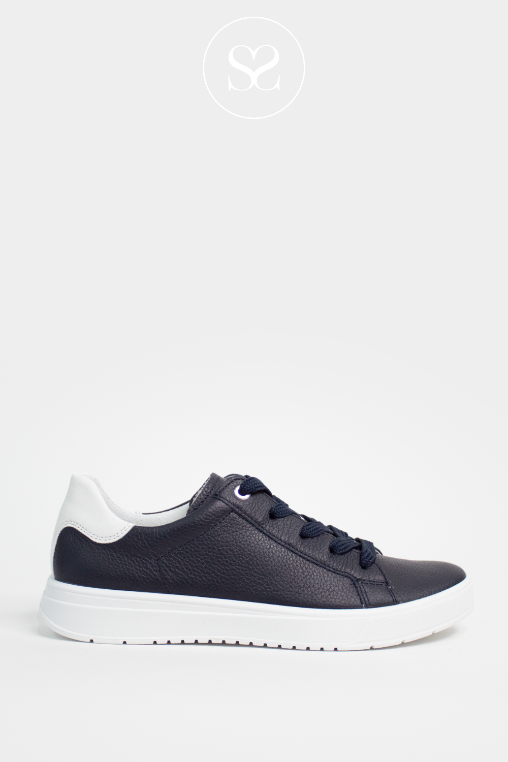 ARA 12-50016 NAVY LEATHER FLATFORM TRAINERS. WALKING SNEAKERS WITH LACES AND REMOVABLE INSOLE