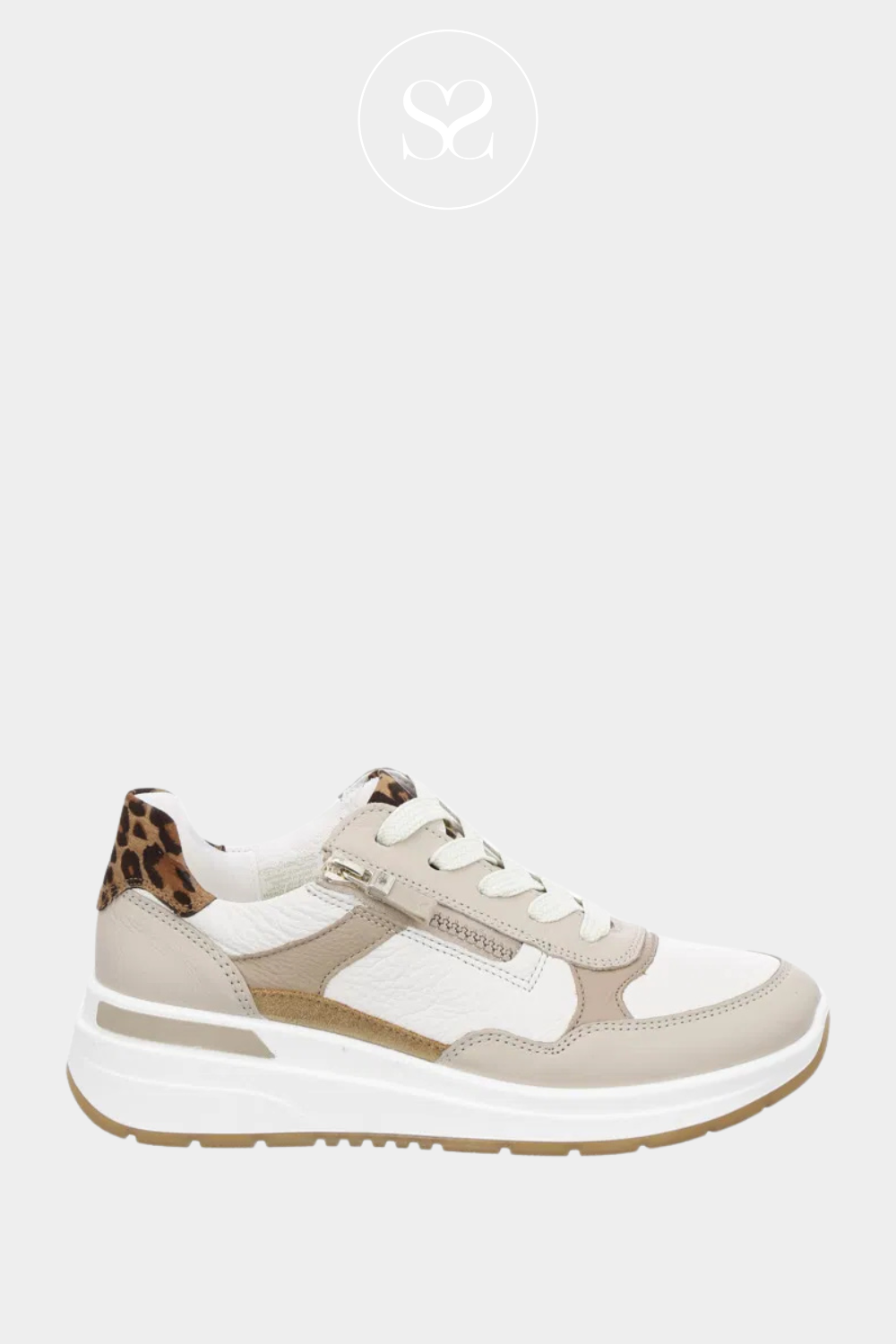 ARA 12-57702 WHITE NEUTRAL BEIGE LEATHER TRAINERS WITH LEOPARD HEEL AP AND WEDGE SOLE
