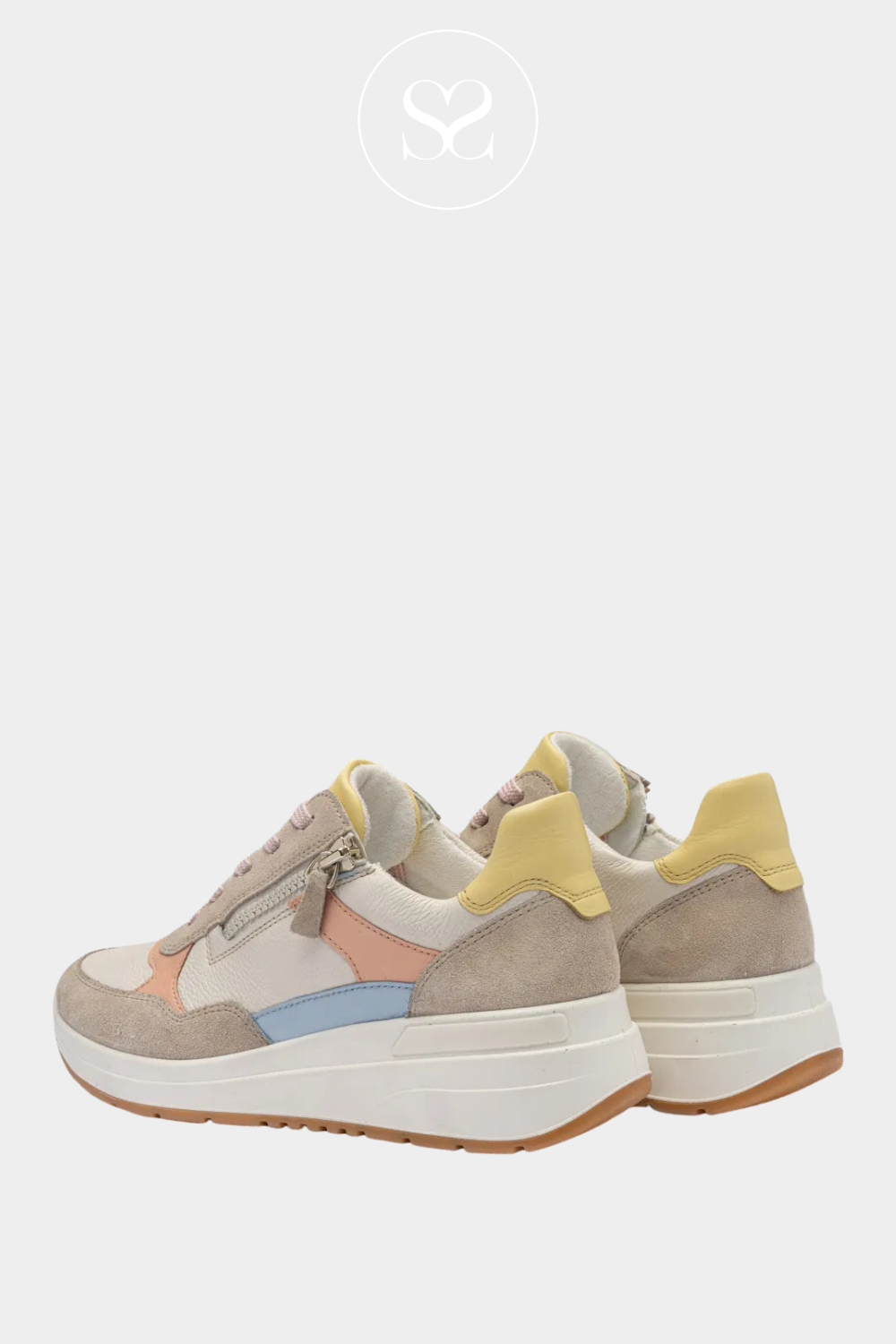 Yellow, blue and coral trainers with high wedge sole