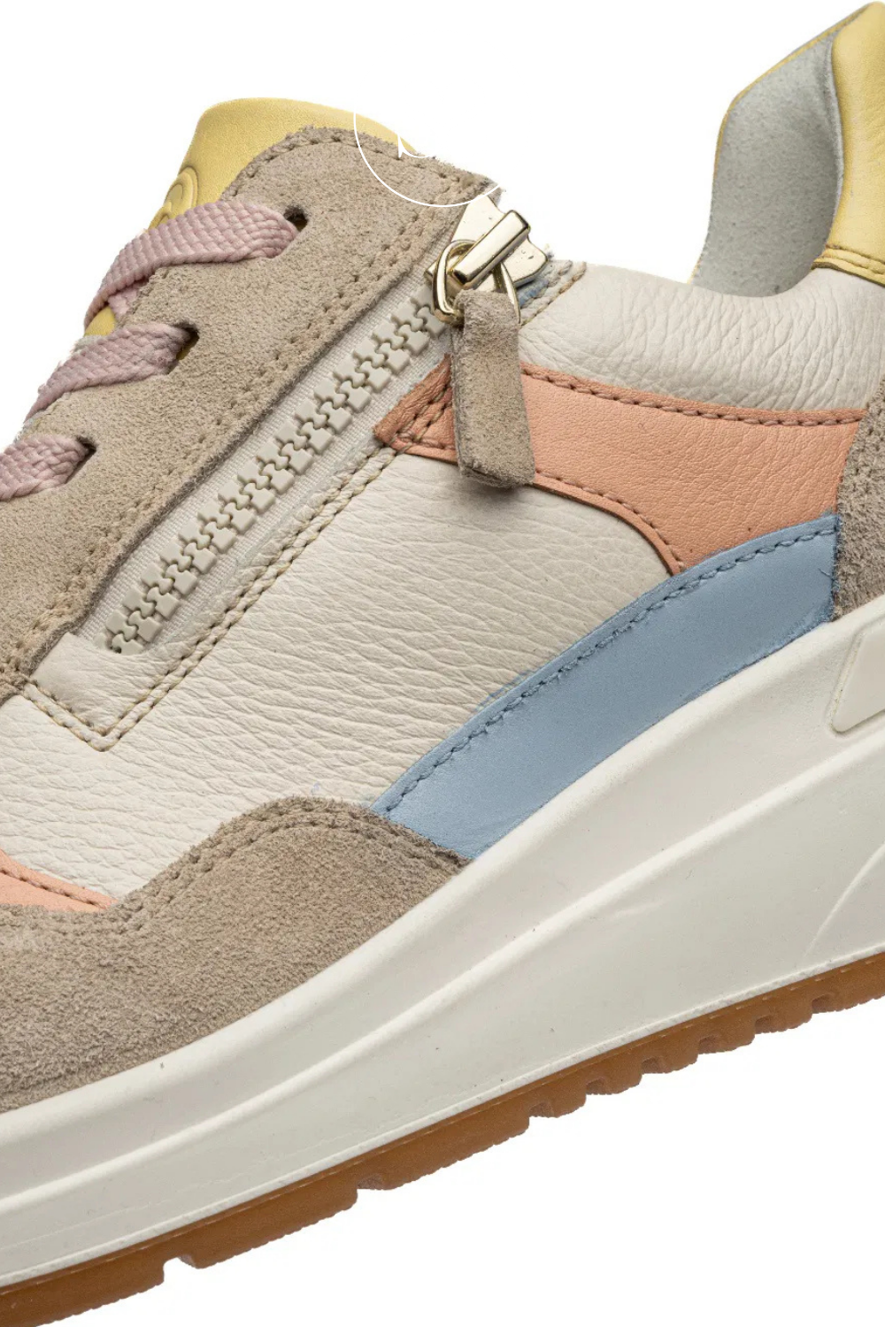 Multicolored sneaker with a platform sole. Ara 12-57702 wedge trainers with laces and side zip for easy access. Comfortable arch support and removable insole