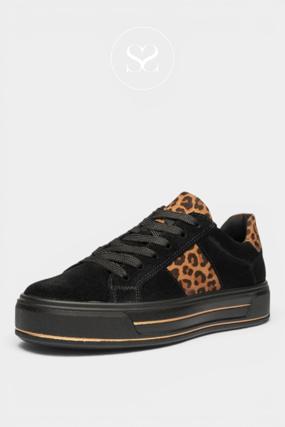 Ara black and leopard with laces and side zip