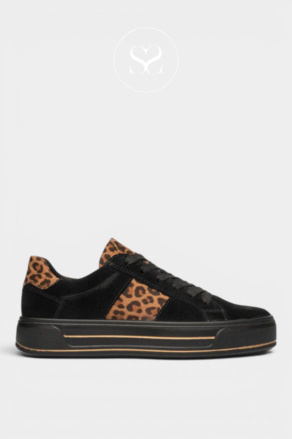 ARA Black suede round toe trainers with leopard print side detail and heel cap. Black sole. Flatform chunky sole.