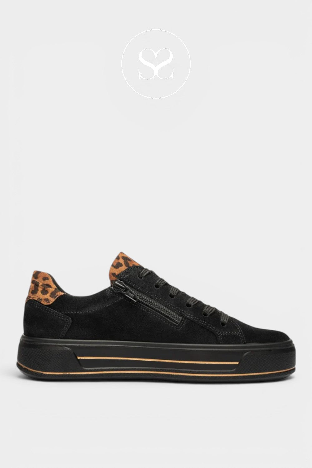 Black trainers with laces and side zip. Flatform sole with arch support. Leopard print heel cap and tongue.